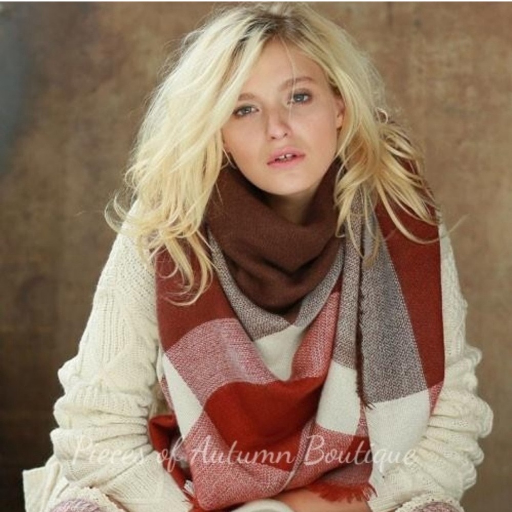 New Fall Winter Burgundy And Brown Plaid Blanket Scarf